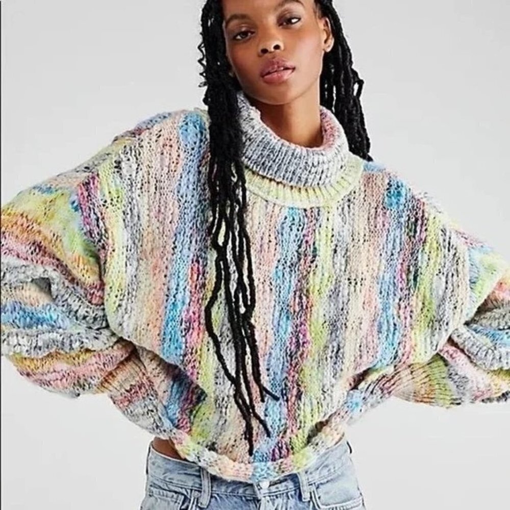Free People Burst Your Bubble Turtleneck Knit Sweater Confetti Size S NEW Ruffle